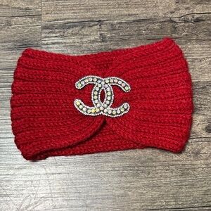 Vibrant Red Knit Headband with Embellished Logo